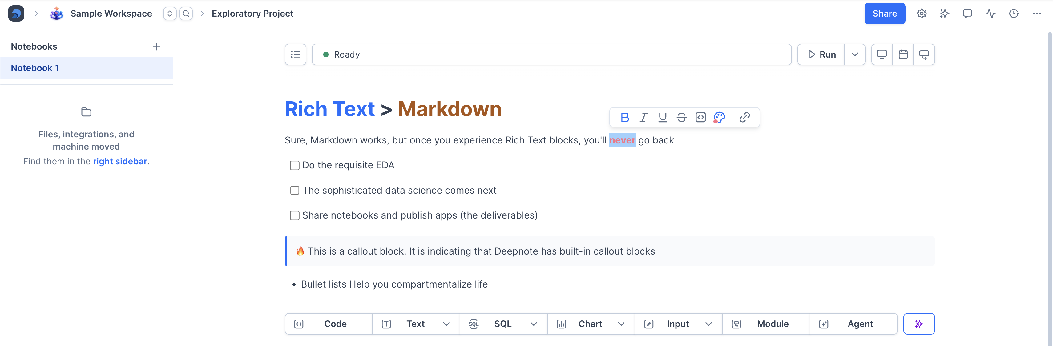 Rich text in a Deepnote notebook