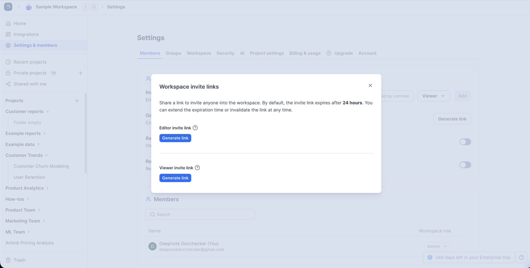 Workspace invite link options