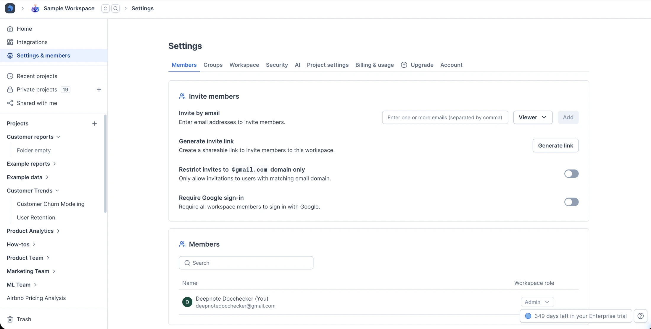 Workspace members and invitation settings