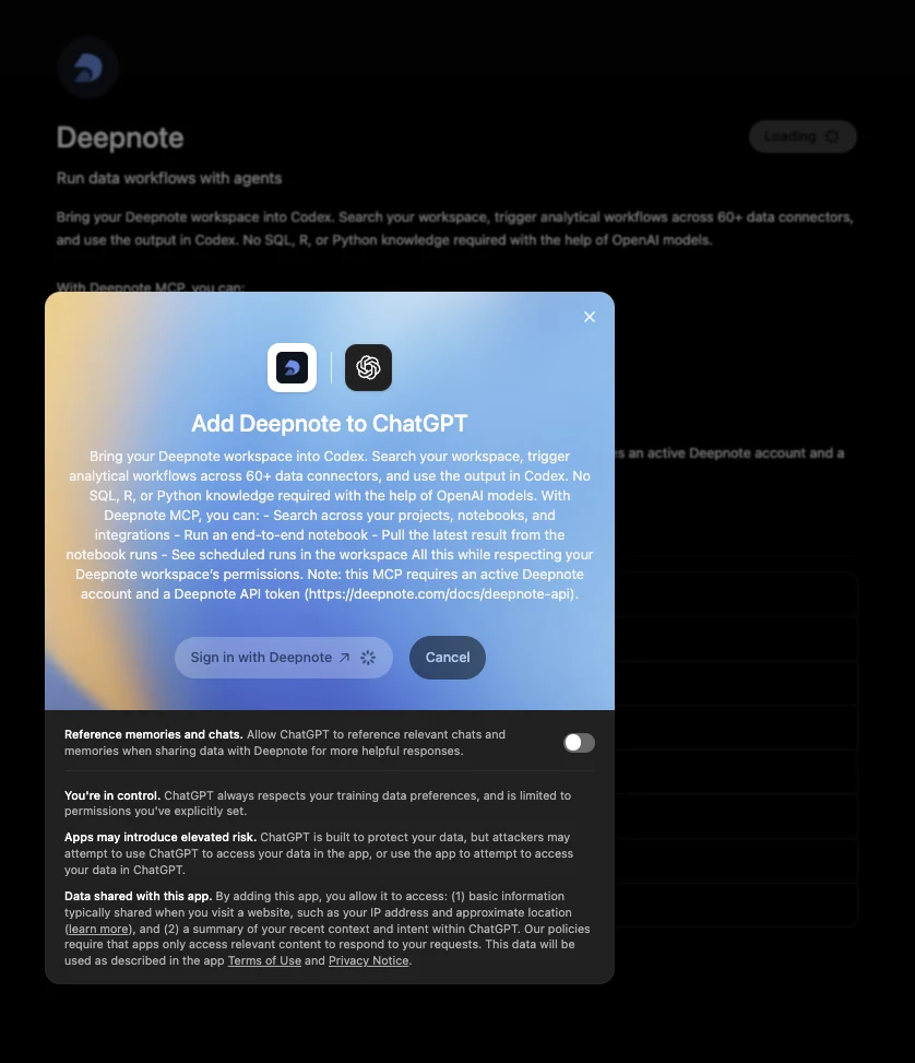 ChatGPT displaying the Deepnote app permission dialog with a Sign in with Deepnote button