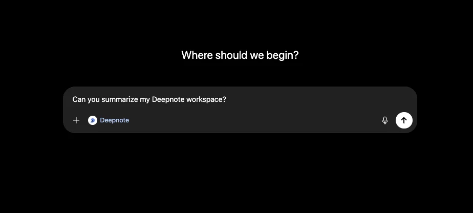 ChatGPT prompt composer with Deepnote enabled and a starter workspace-summary request