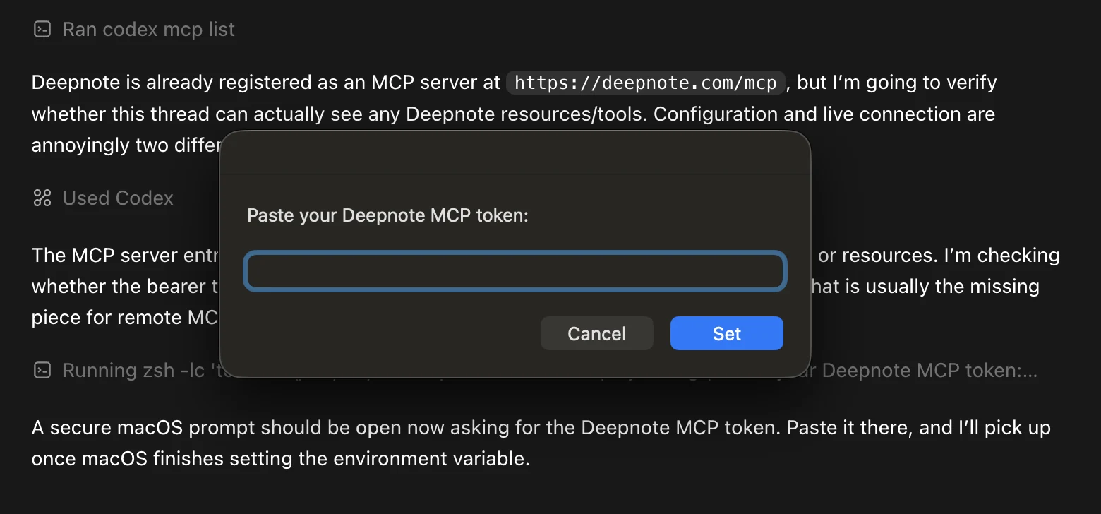 Codex displaying a secure prompt to paste a Deepnote MCP token
