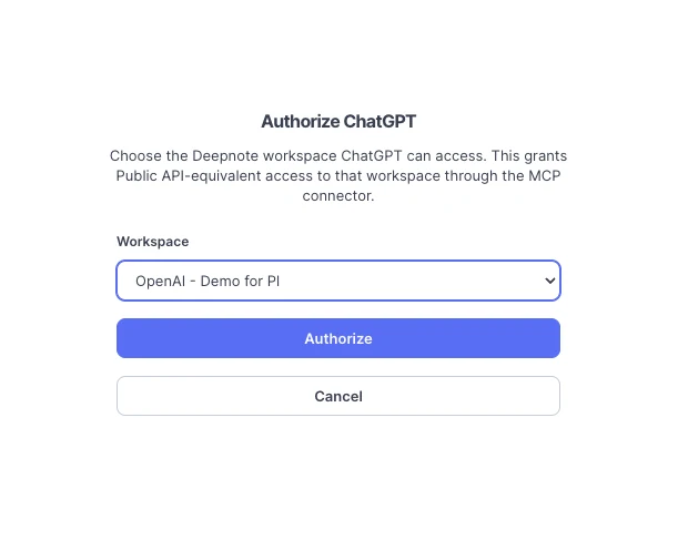 Deepnote authorization dialog for choosing a workspace and authorizing ChatGPT access