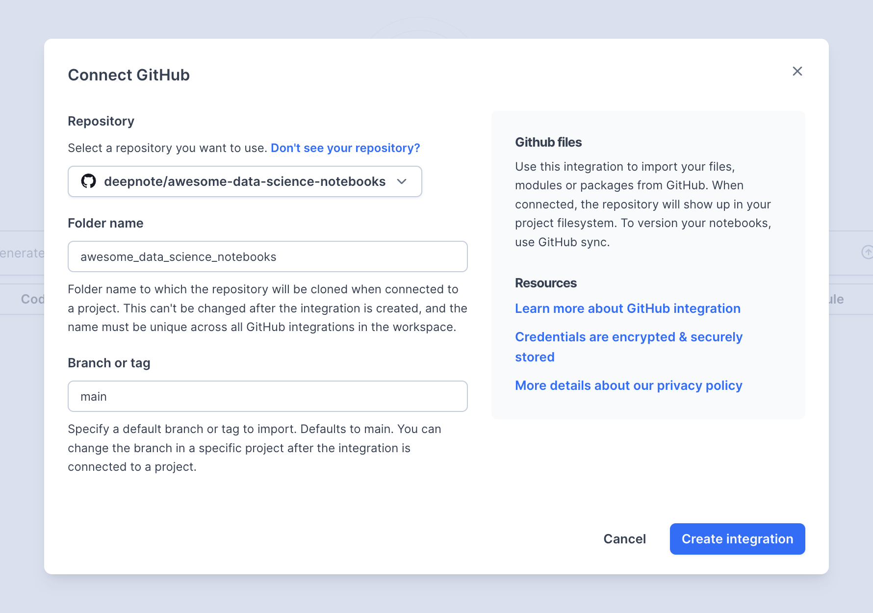 GitHub connection dialog with repository, folder name, and branch or tag fields