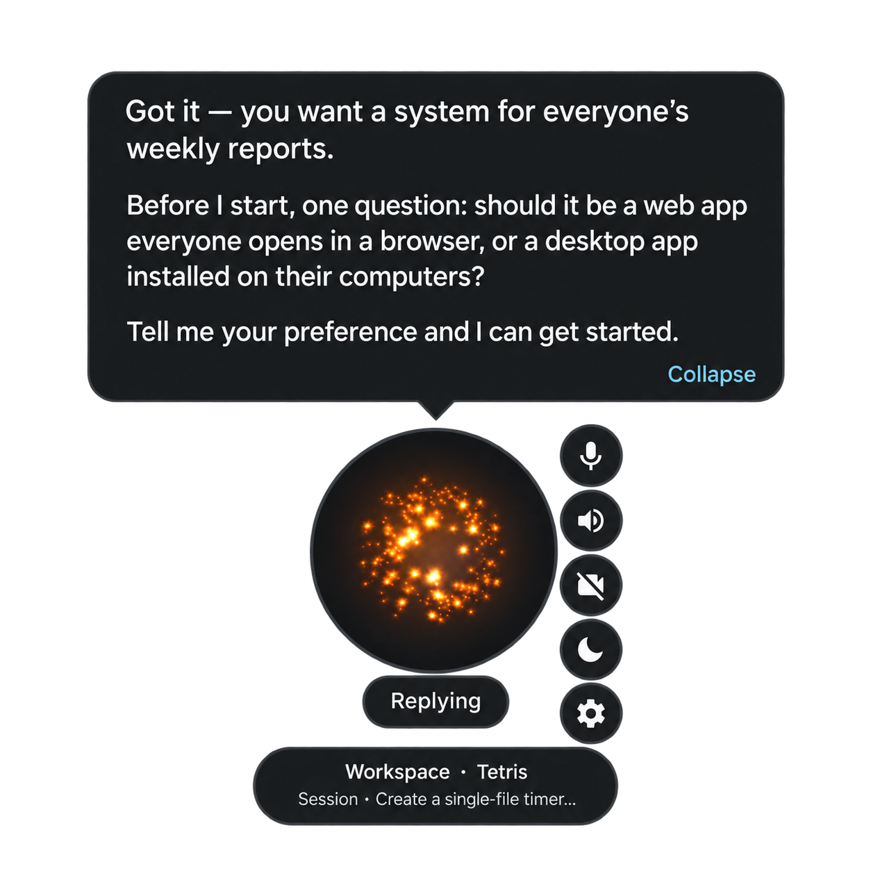 Nova voice orb asking a clarifying question before starting a task