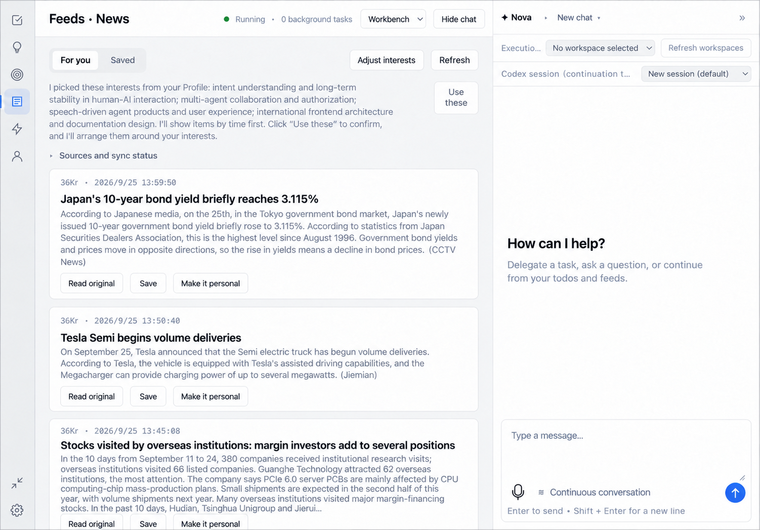Nova interest-ranked news feed with save and personal-item controls