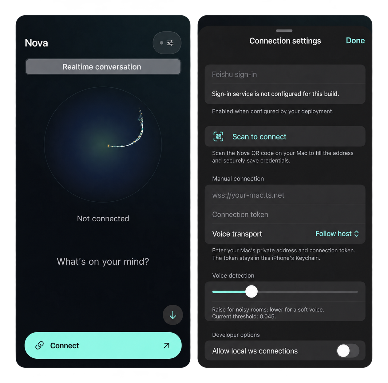 Nova iPhone client and connection settings