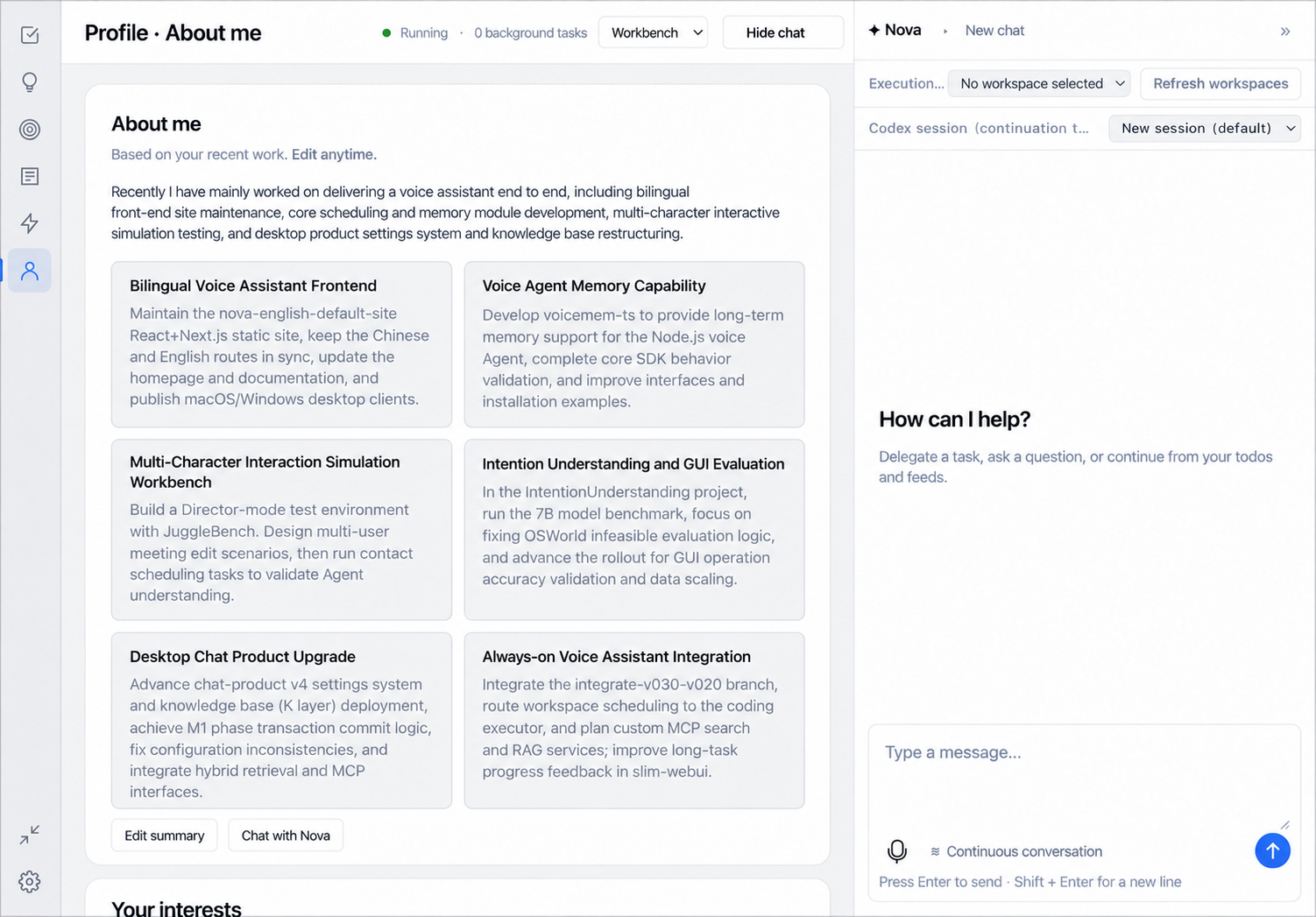 Nova Profile showing a personal overview and recent projects