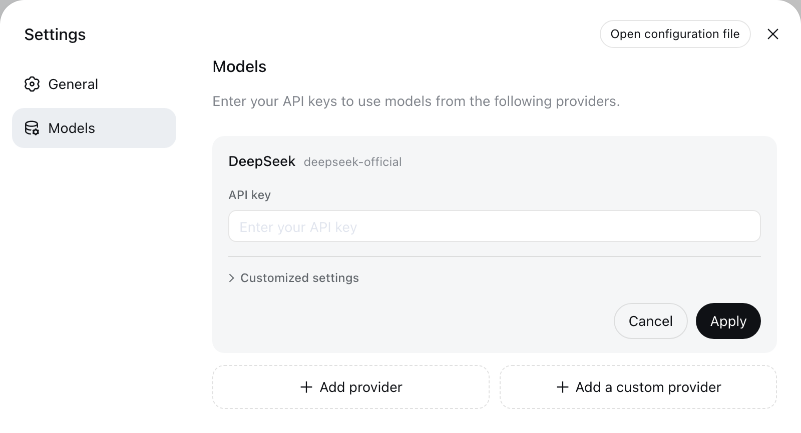 DeepSeek Harness model settings showing the DeepSeek provider