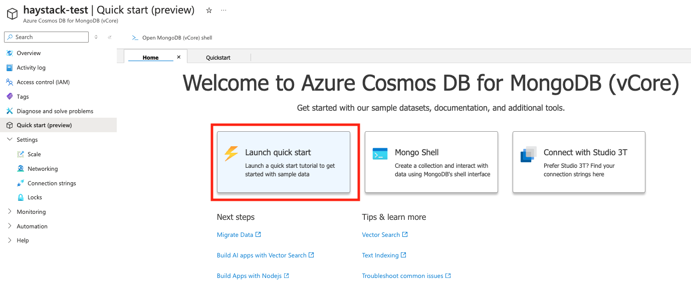 Azure CosmosDB cluster quickstart