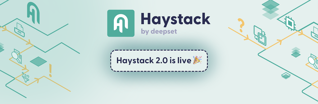 Green logo of a stylized white 'H' with the text 'Haystack, by deepset. Haystack 2.0 is live ð'Â Abstract green and yellow diagrams in the background.