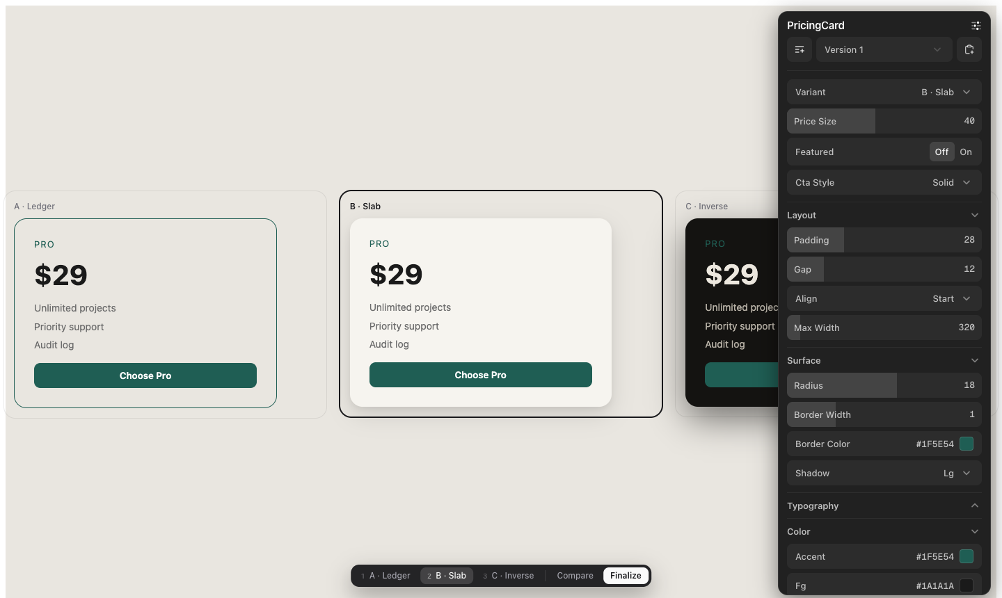 VariantKit: three live variants, full contextual panel, compare grid, finalize bar