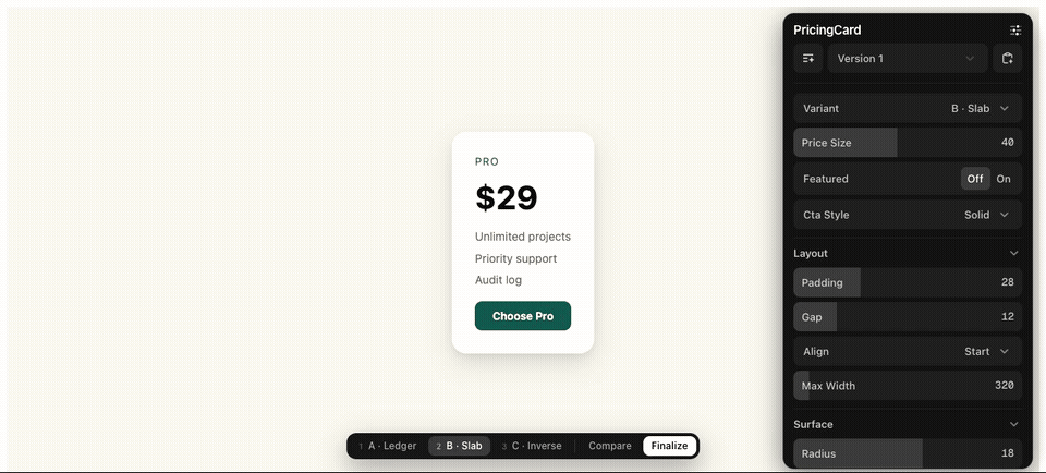 VariantKit demo: switching variants with keys, live compare grid, finalize