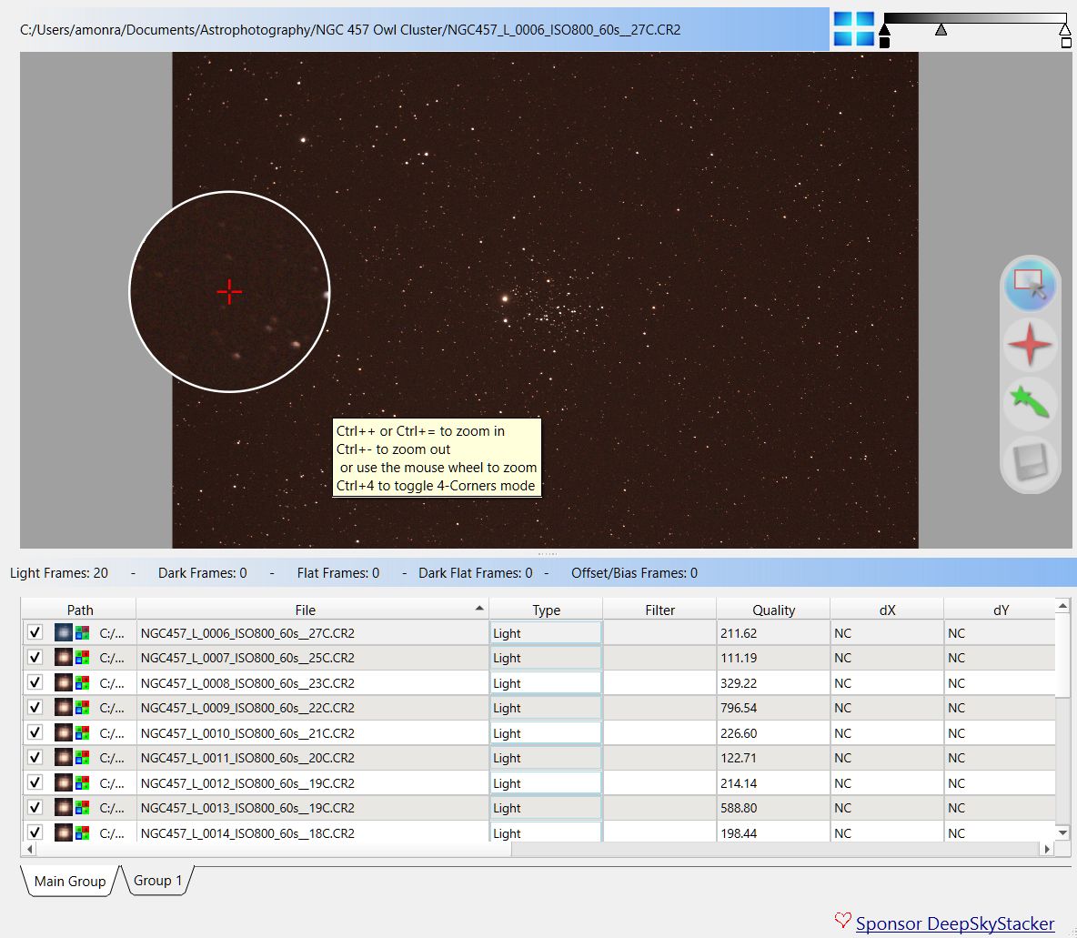 Registering Tab with preview of the registered stars