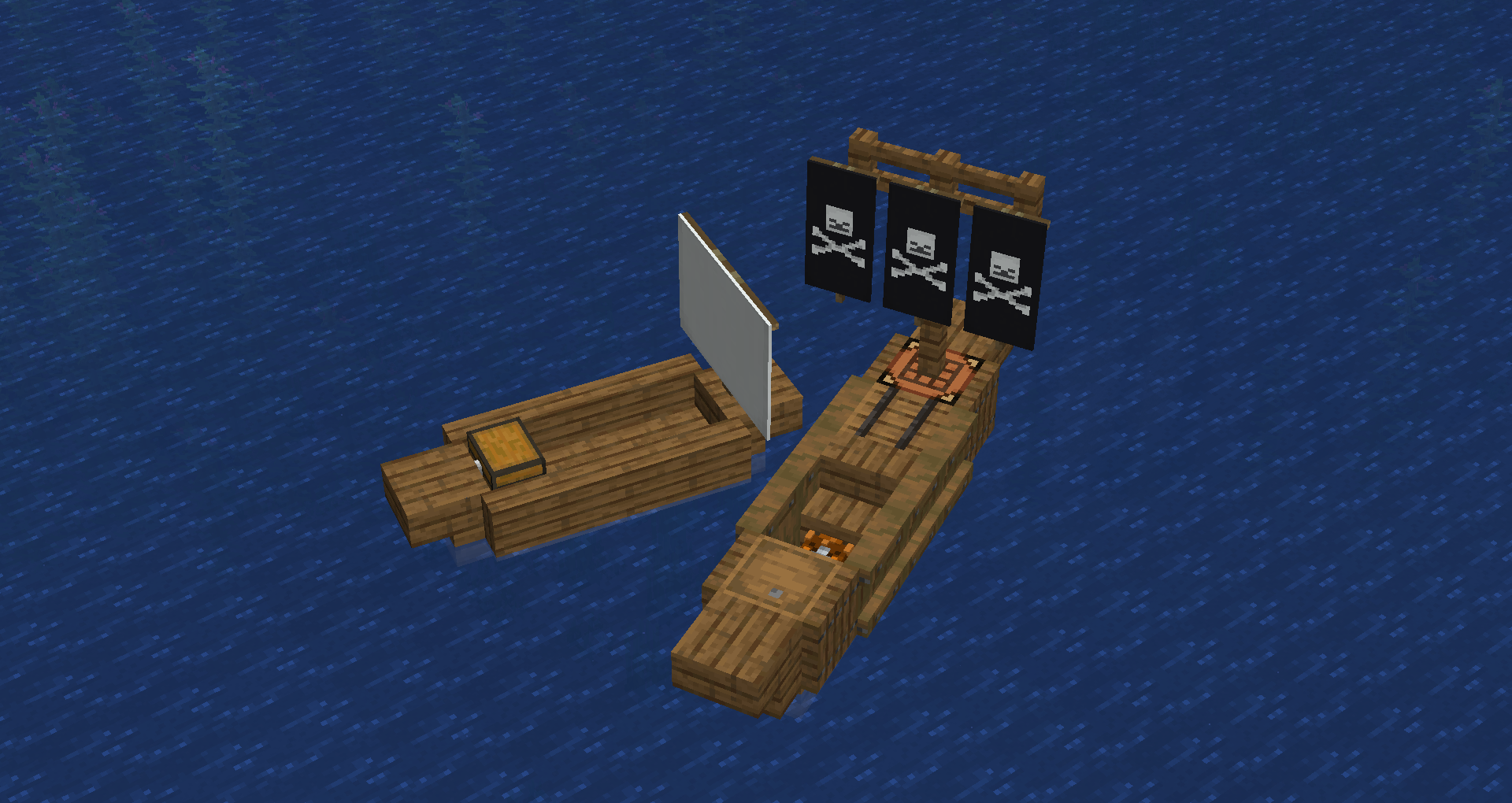 A small custom ship next to the prefab small spruce ship