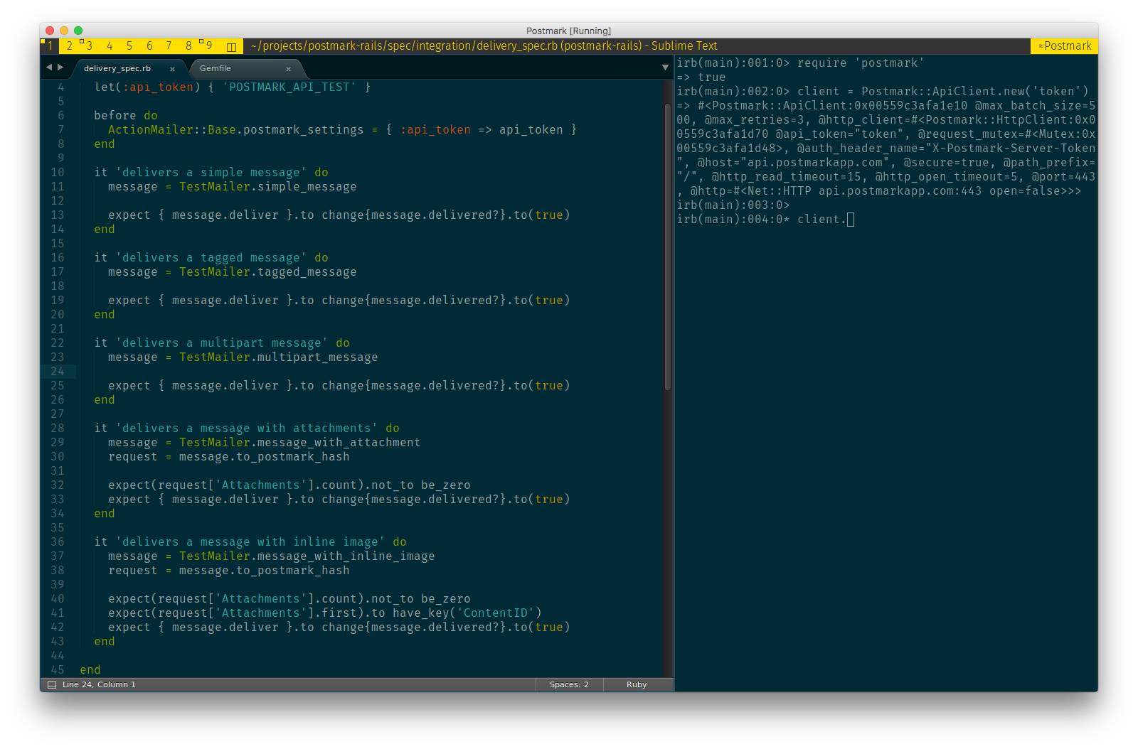 Sublime Text 3 running side by side with IRB in a macOS window
