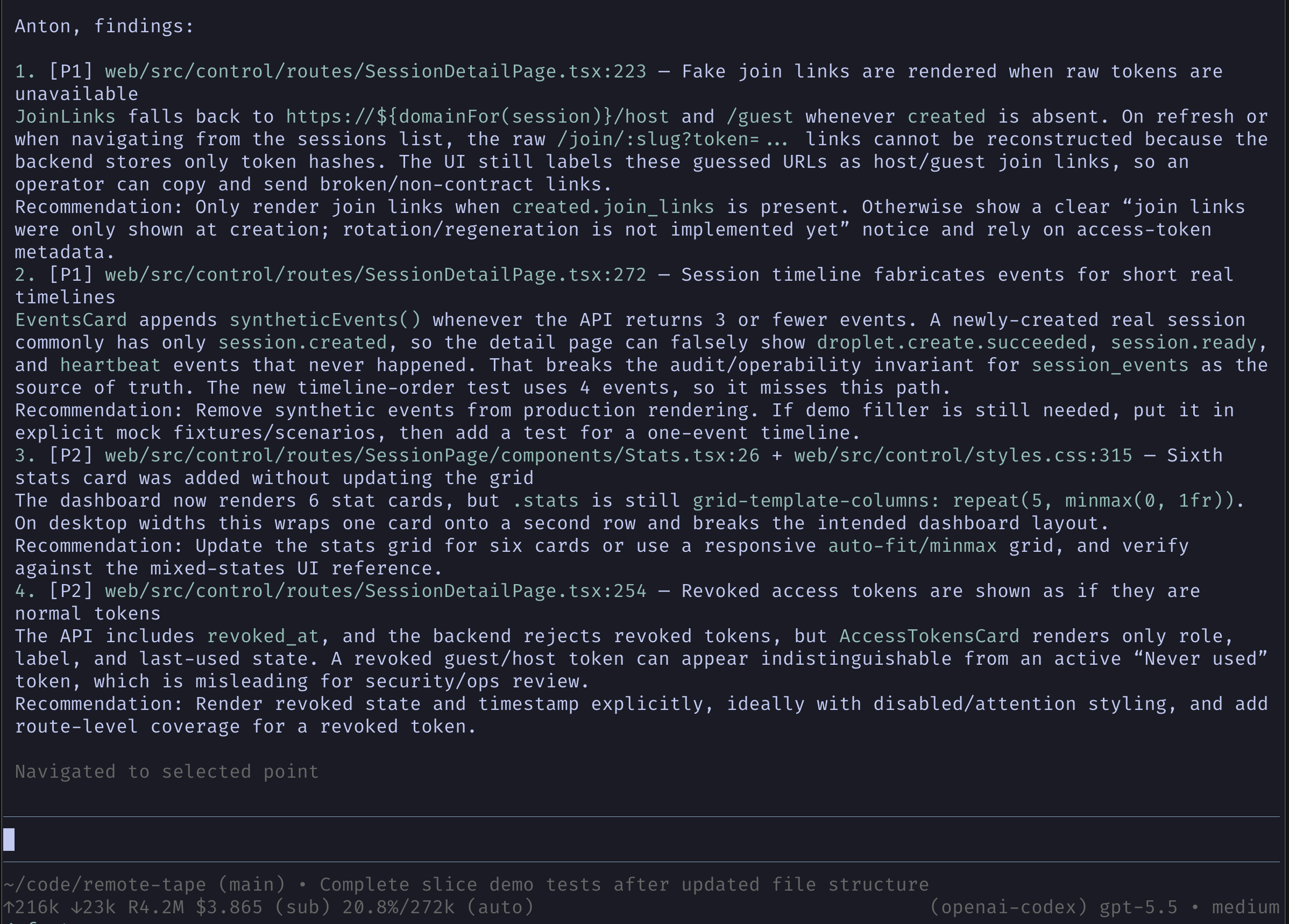 Example pi-review output showing prioritized findings and recommendations