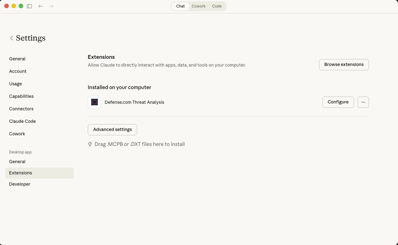 Defense MCP Extension Installed