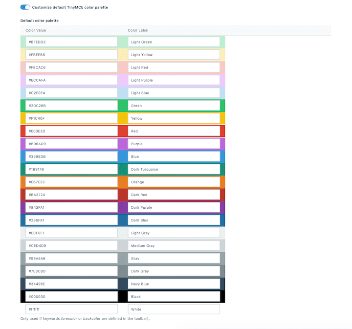 App configuration screen for custom color palette