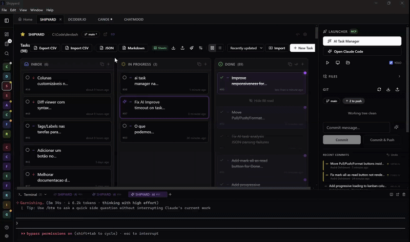 Shipyard — workspace with kanban board, terminal, and git panel