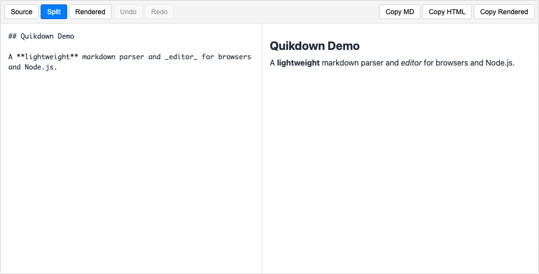 quikdown editor demo — markdown, Mermaid diagram, MathJax equation, and syntax-highlighted code
