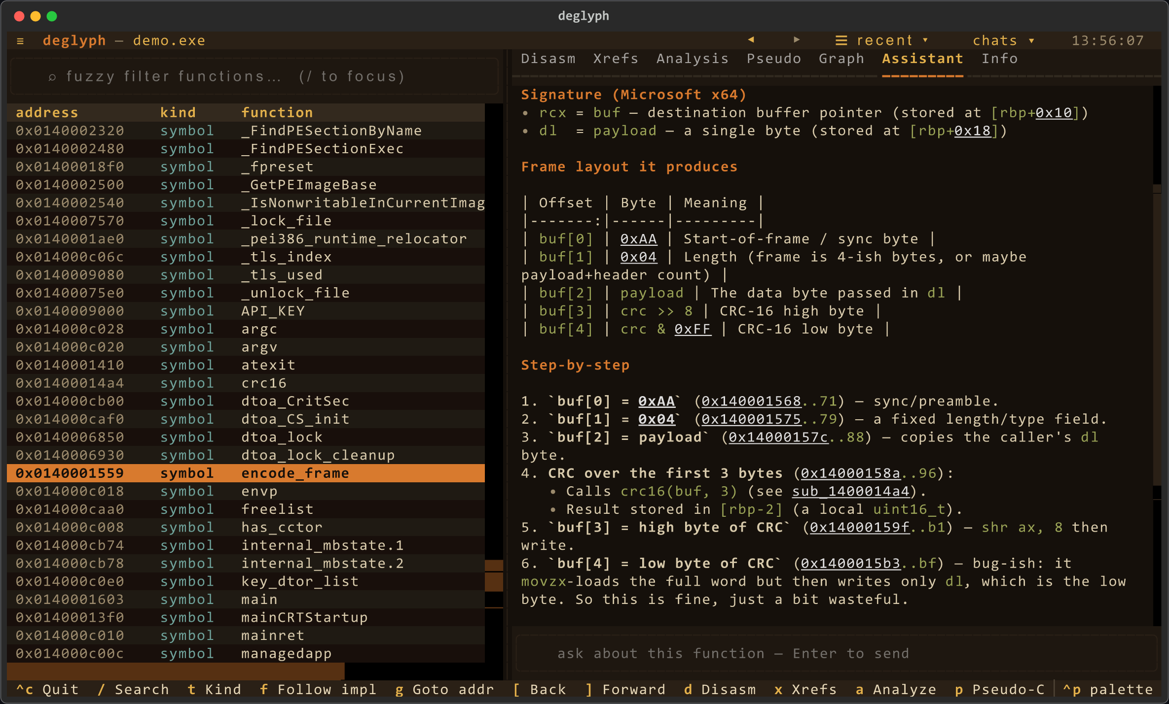 deglyph displaying a function explanation using AI