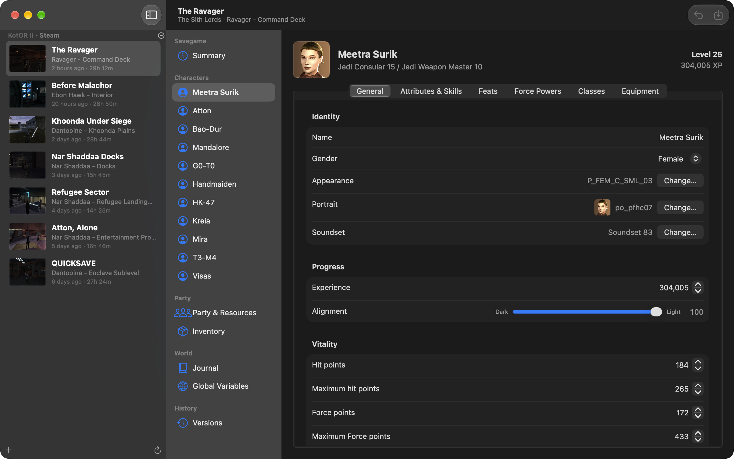 Kool Save Editor editing a Jedi Weapon Master