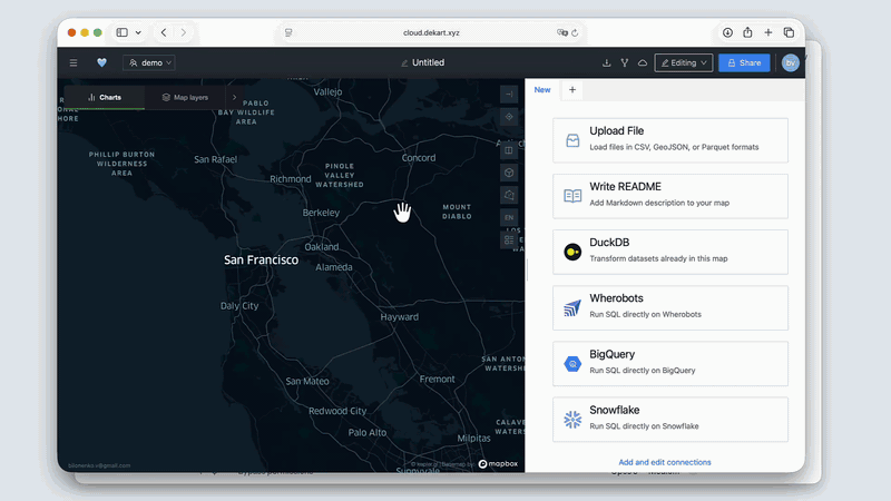 Dekart: self-hosted alternative to CARTO & Foursquare Studio. SQL on your data warehouse, rendered on a map with interactive charts.