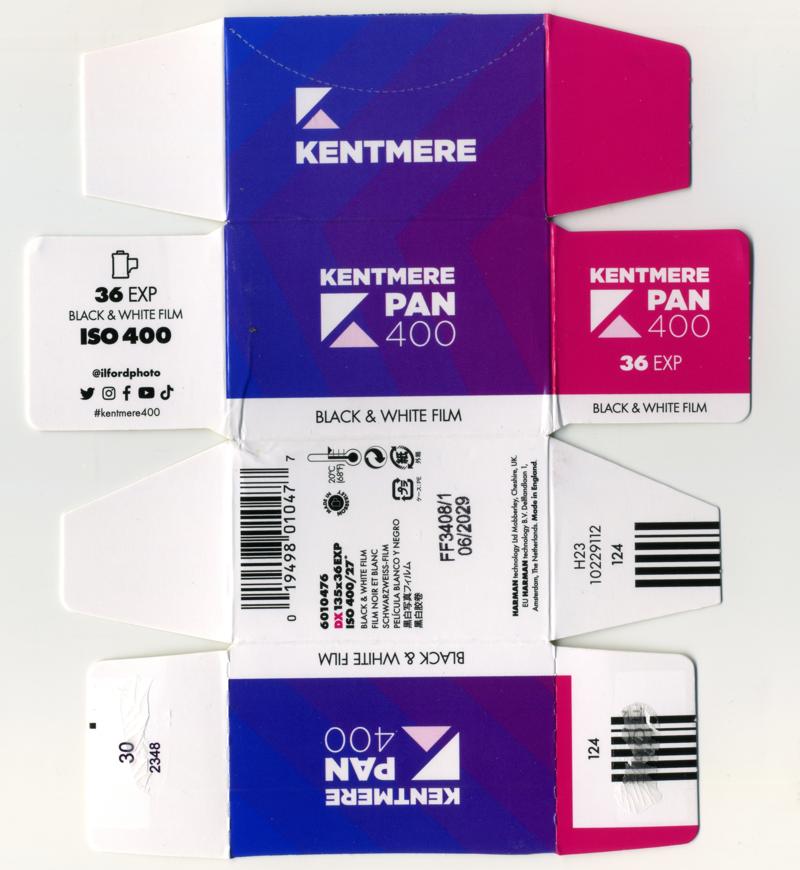 Kentmere Pan 400 film packaging