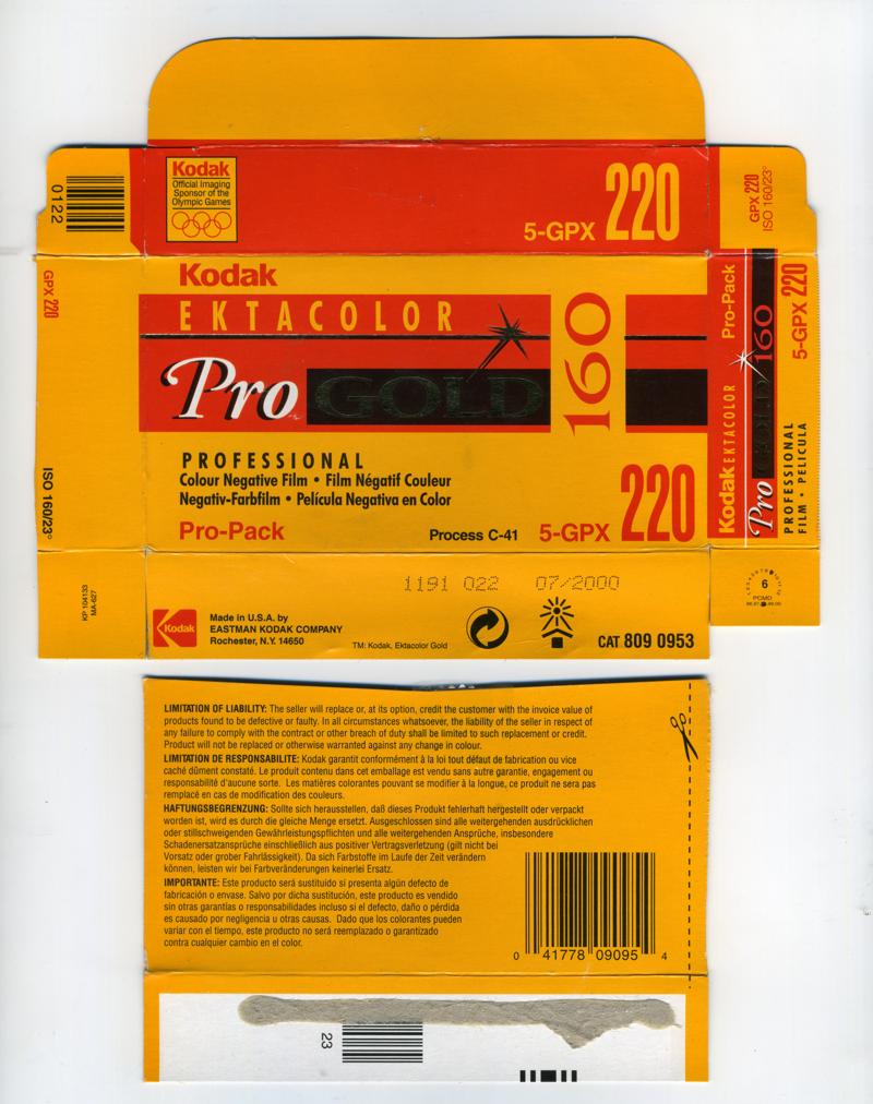 Kodak Ektacolor Pro Gold 160GPX film packaging