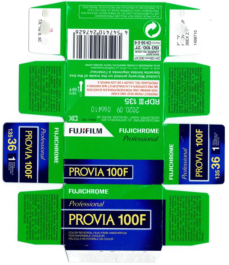 Fujifilm Fujichrome Provia 100F film packaging