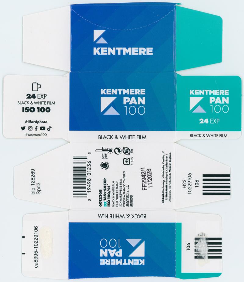 Kentmere Pan 100 film packaging