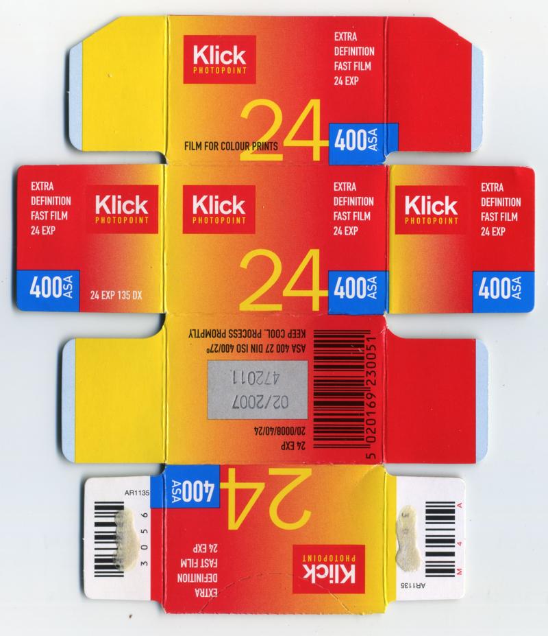 Klick 400ASA film packaging