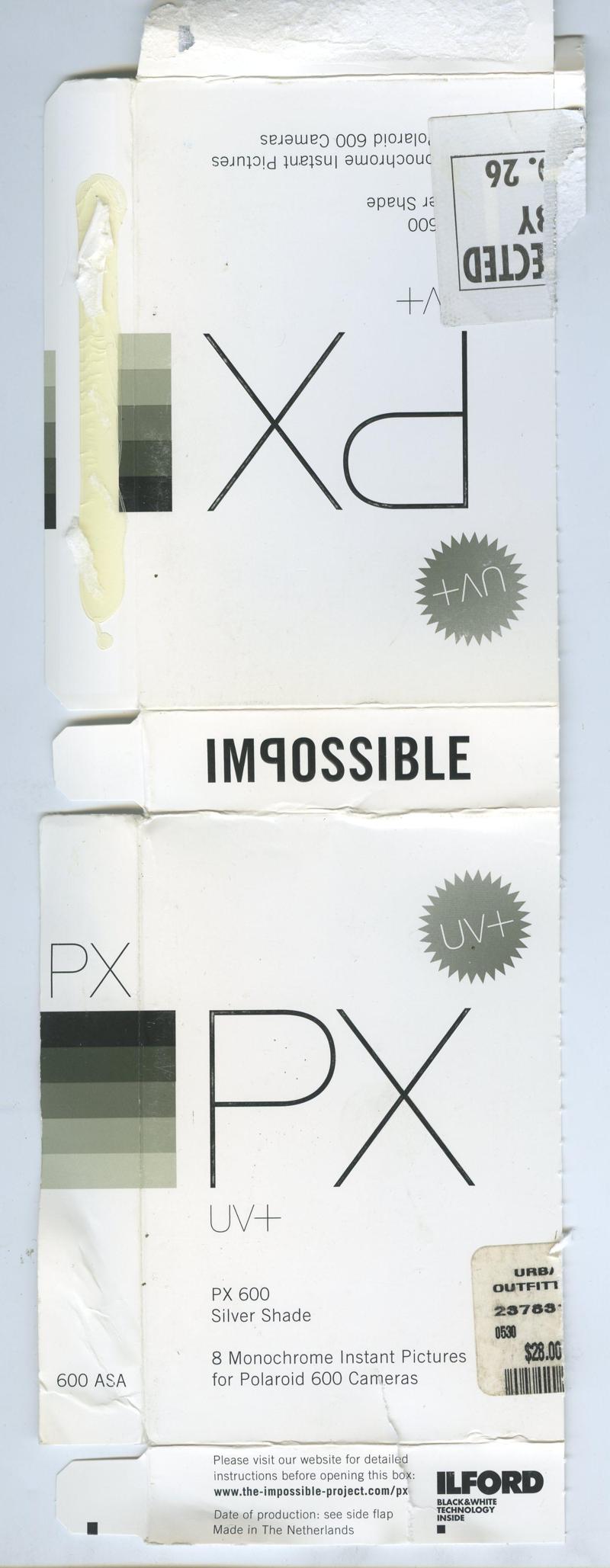 Impossible Project PX 600 Silver Shade UV+ film packaging