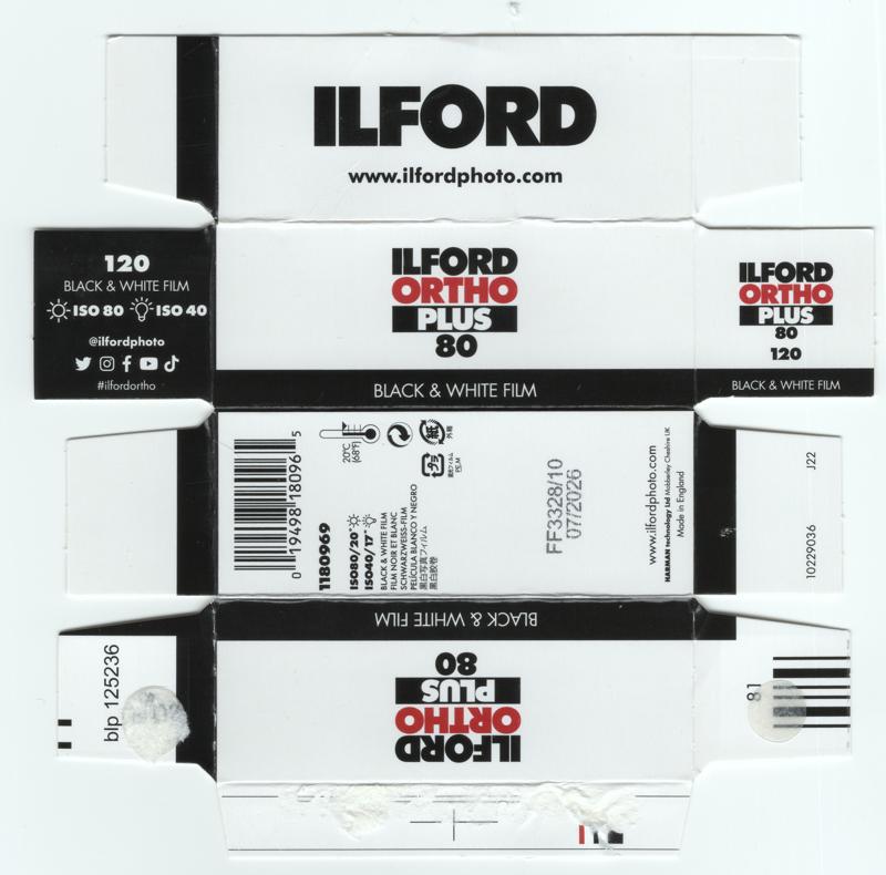 Ilford Ortho Plus film packaging