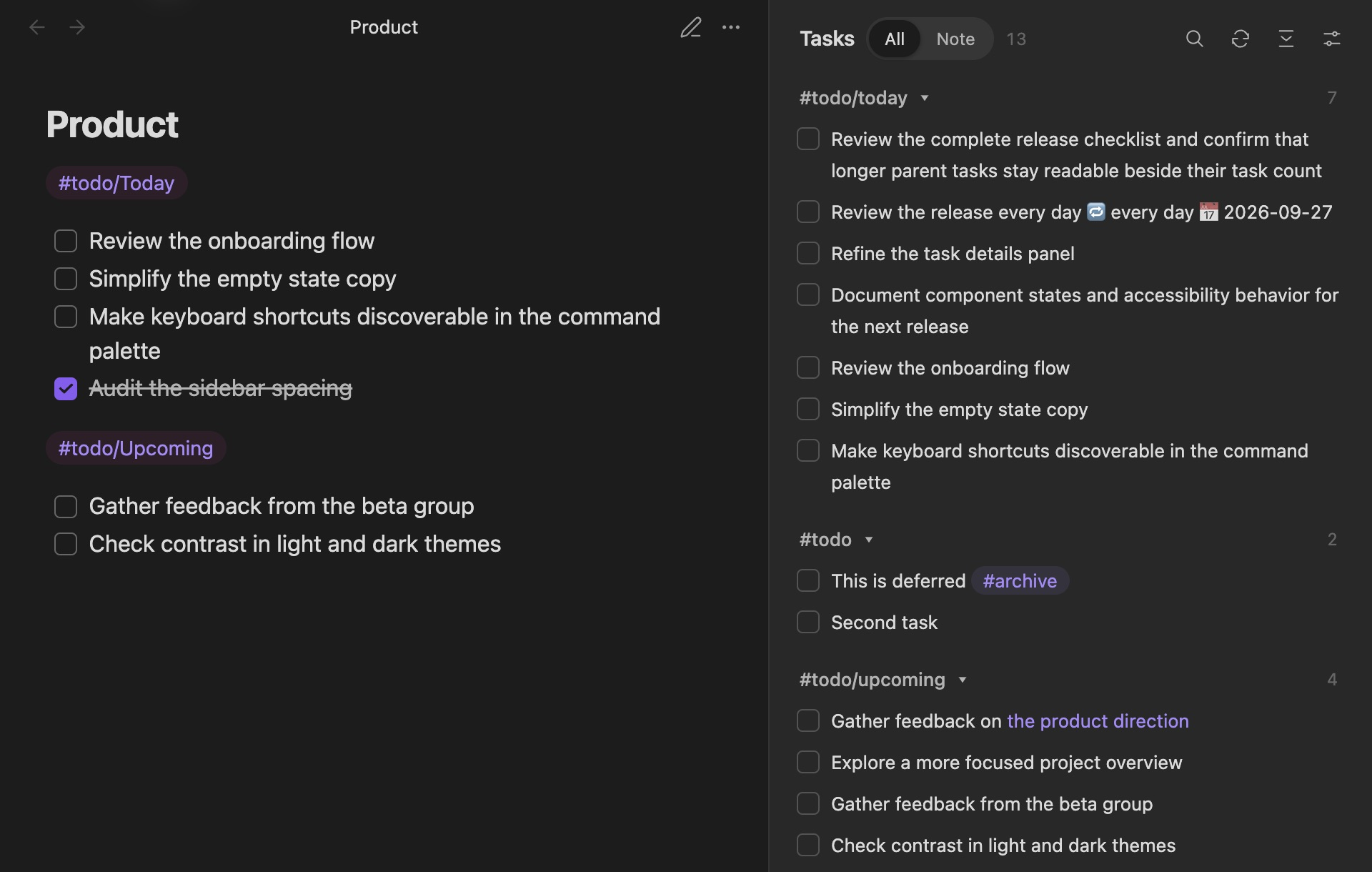 Checklist showing tasks from multiple notes beside the current note