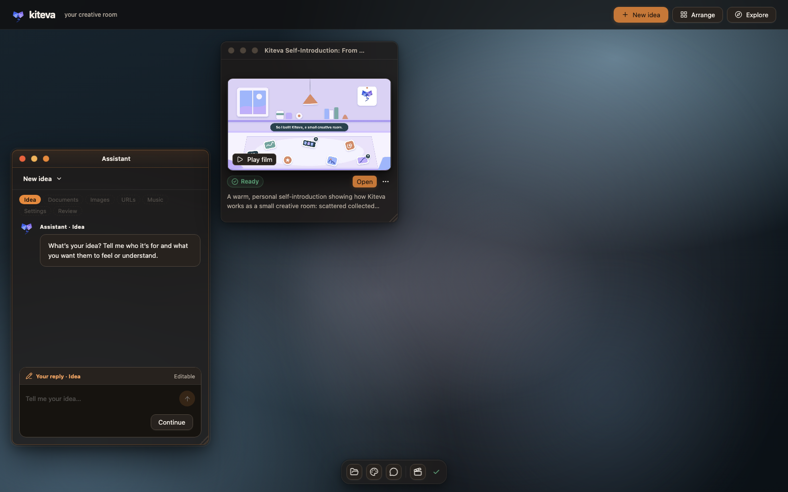 Kiteva's desktop room with the Assistant window and a project widget