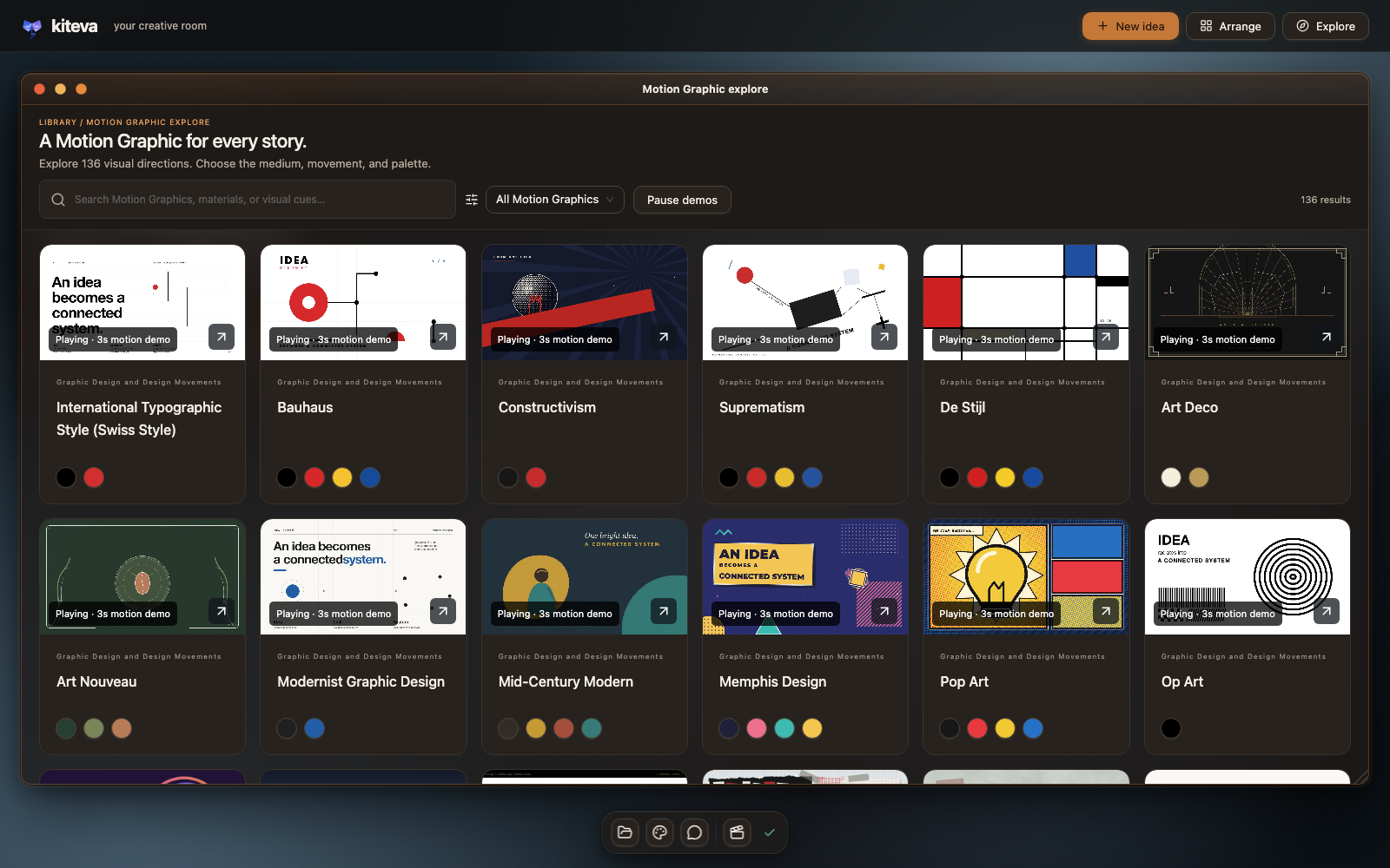 Motion Graphic explore window listing 136 Motion Graphics as playing 3-second demo cards with palette swatches