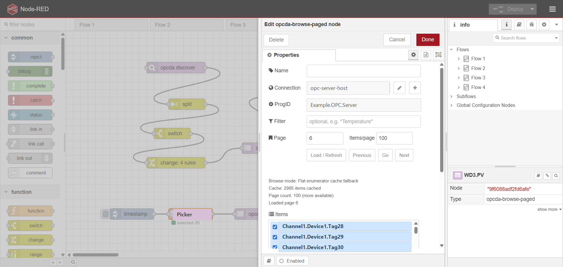 Paged OPC item browser with selected items
