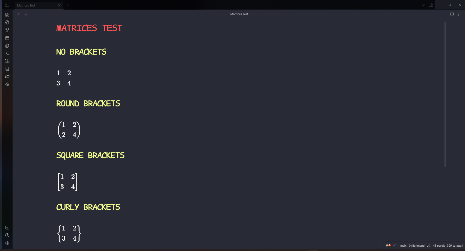 Screenshot of the note in rendering mode with all types of matrices.