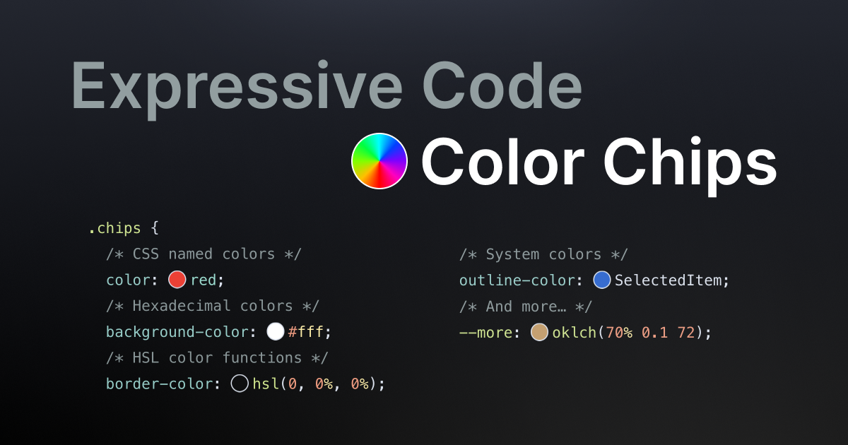 Code example showing round color samples next to a range of CSS color syntaxes