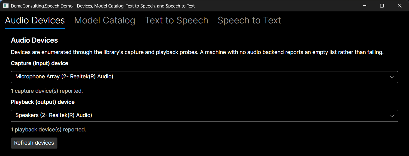 Demo application - Audio Devices tab