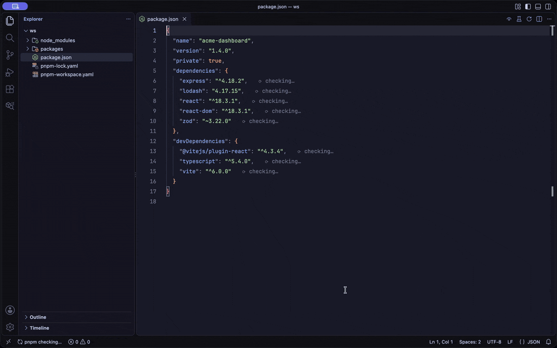 Manifest Lens analyzing a package.json: inline annotations, CodeLens and section summaries