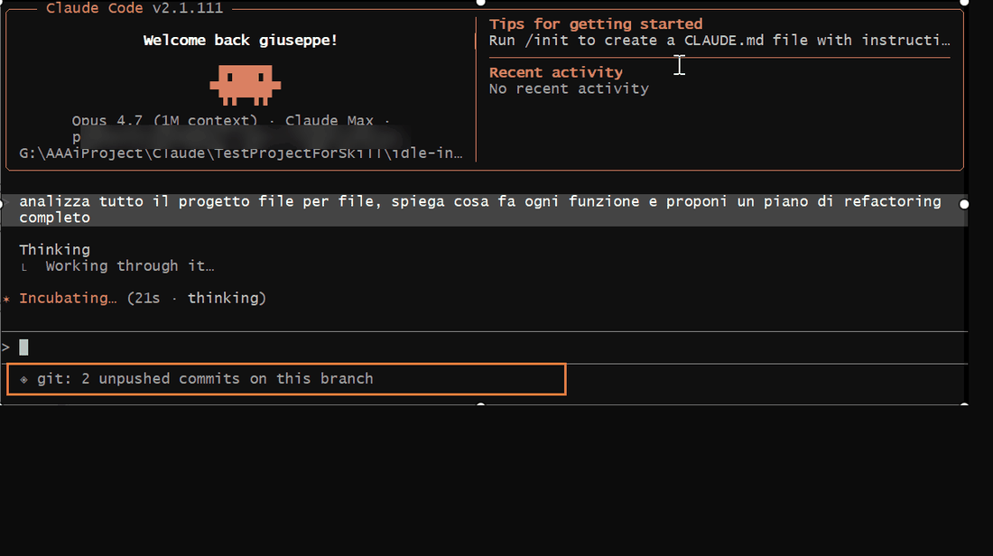idle-intel in action: rotating project-health insights in Claude Code wait state