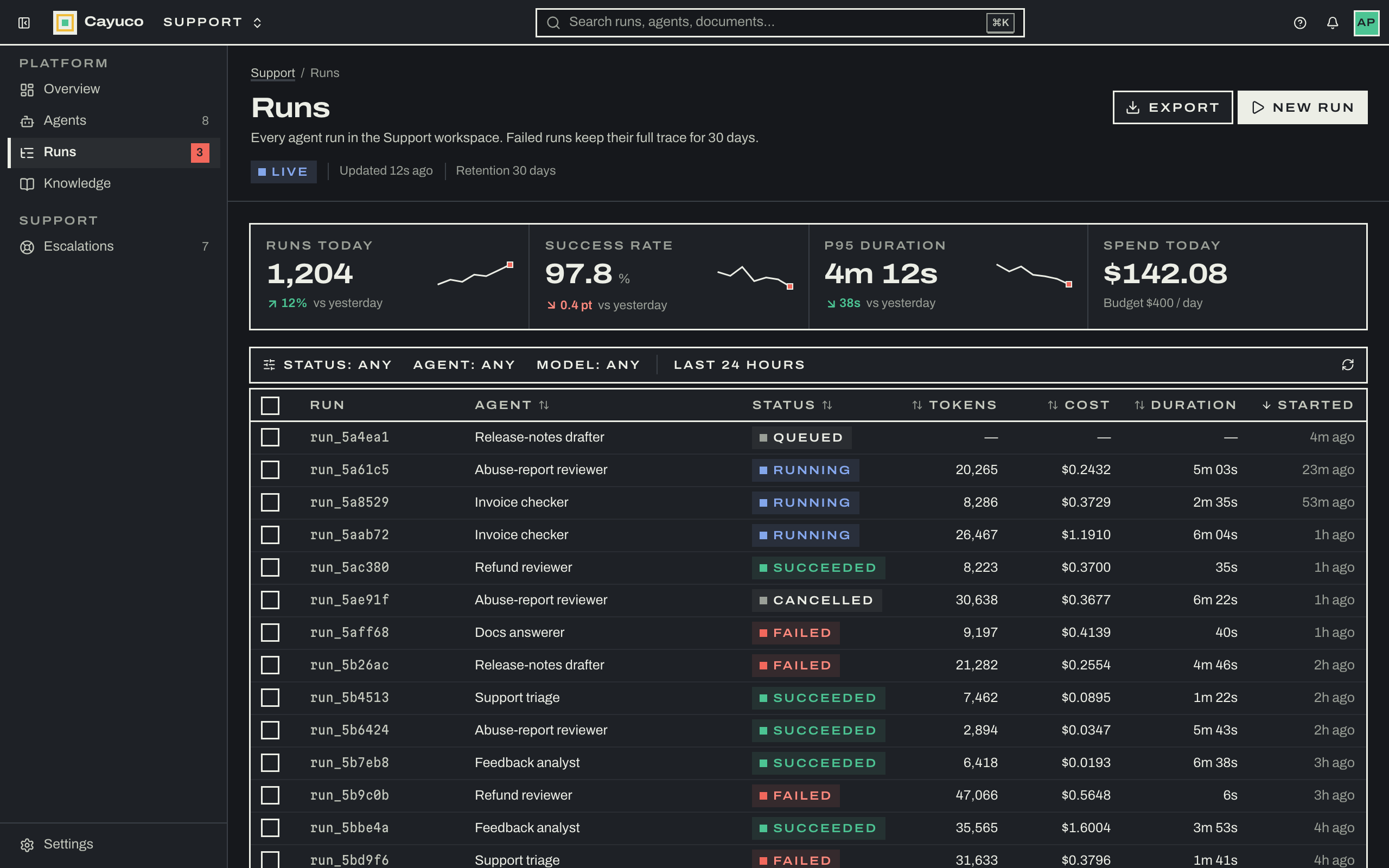 The runs view in the dark theme at compact density