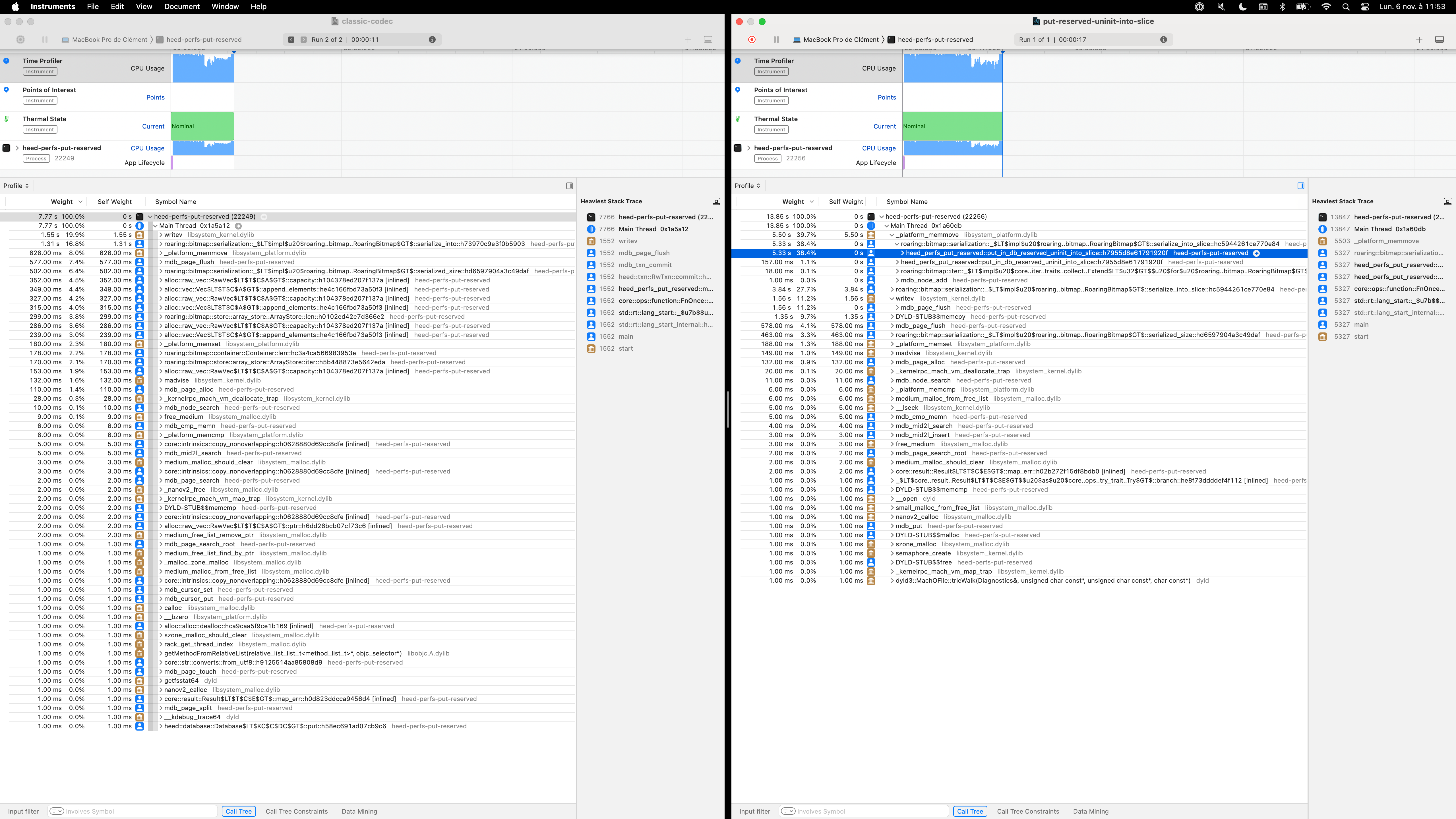 Profile screenshot of the codec vs the put-reserved-uninit-into-slice versions