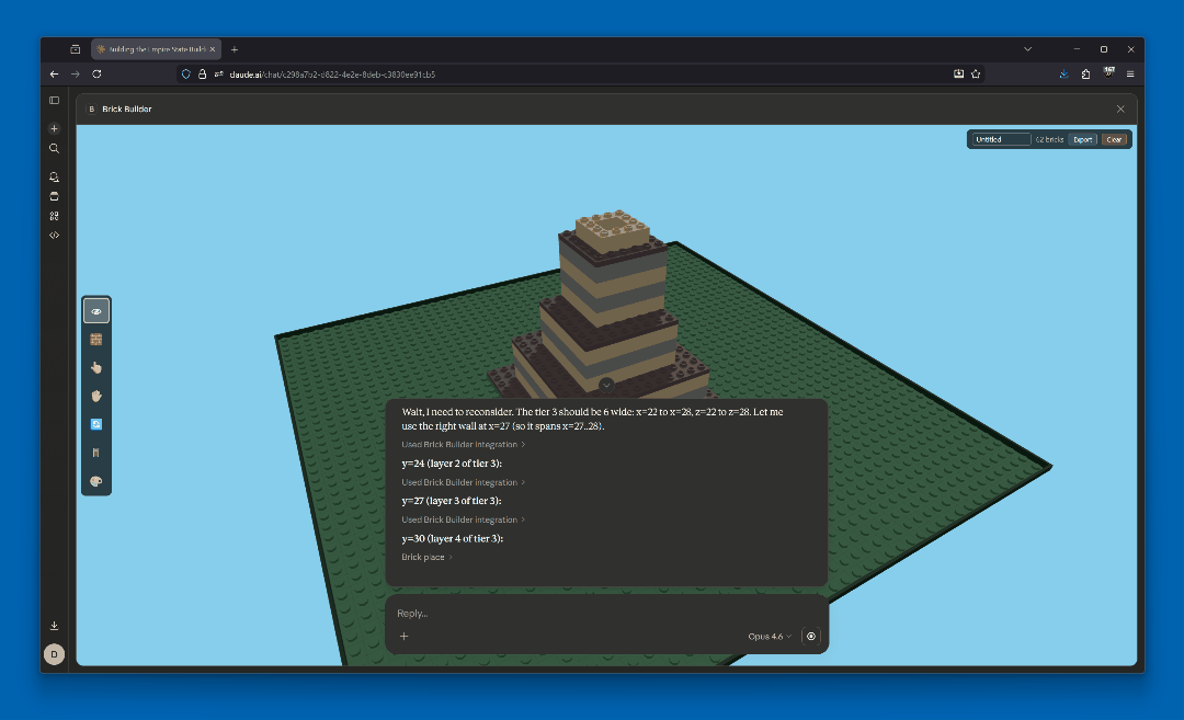 Brick Builder in action — AI building a structure in real time