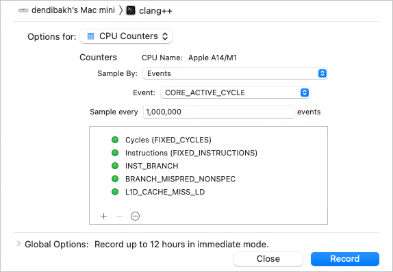 Xcode Instruments：CPU 计数器选项。