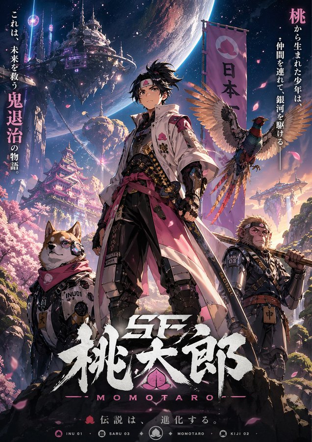 赛博科幻桃太郎主视觉图 sample 1