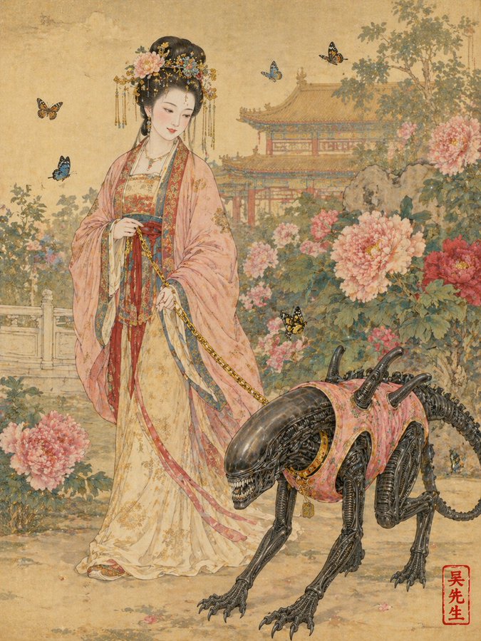唐朝贵妇遛粉色马甲异形工笔画 sample 1